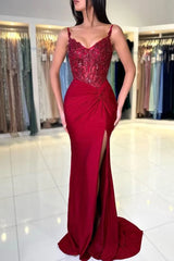 Burgundy Long Mermaid Sweetheart Satin Lace Prom Dresses with Slit