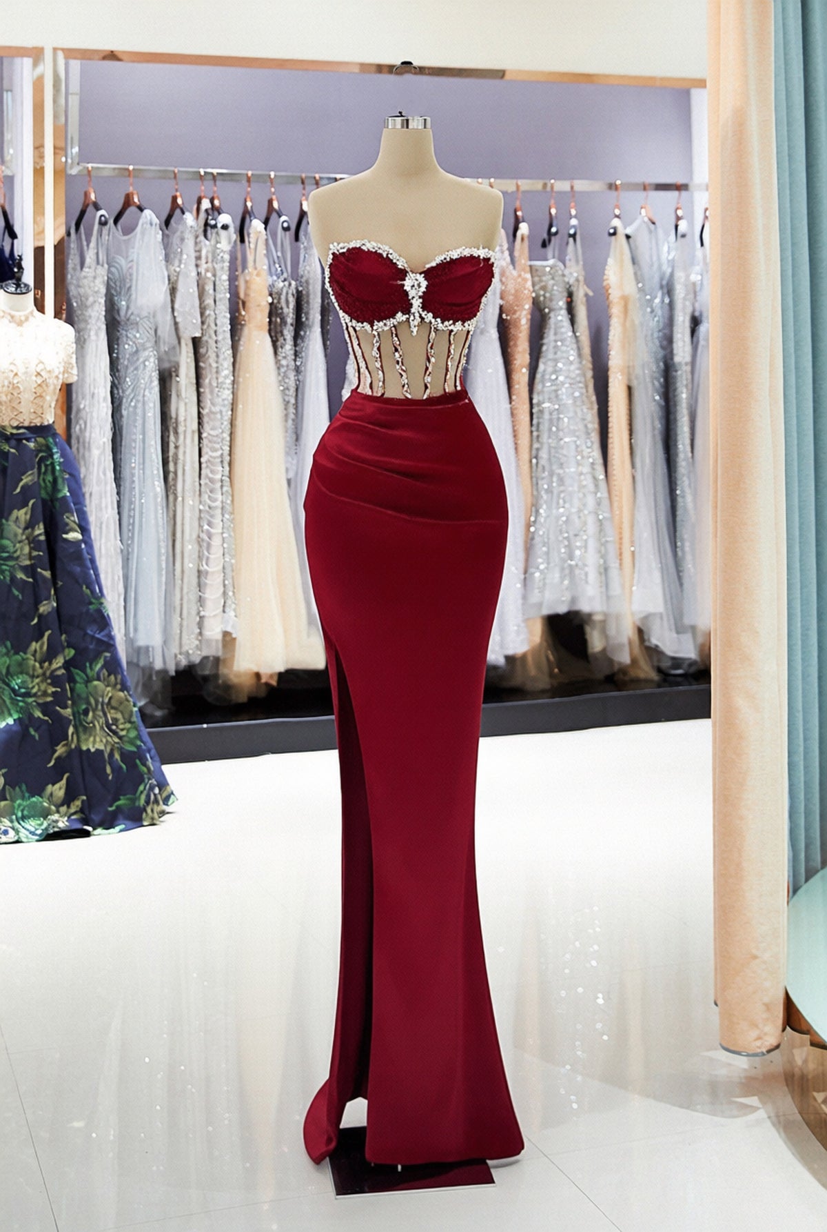 Burgundy Long Strapless Mermaid Prom Dress with Side Split