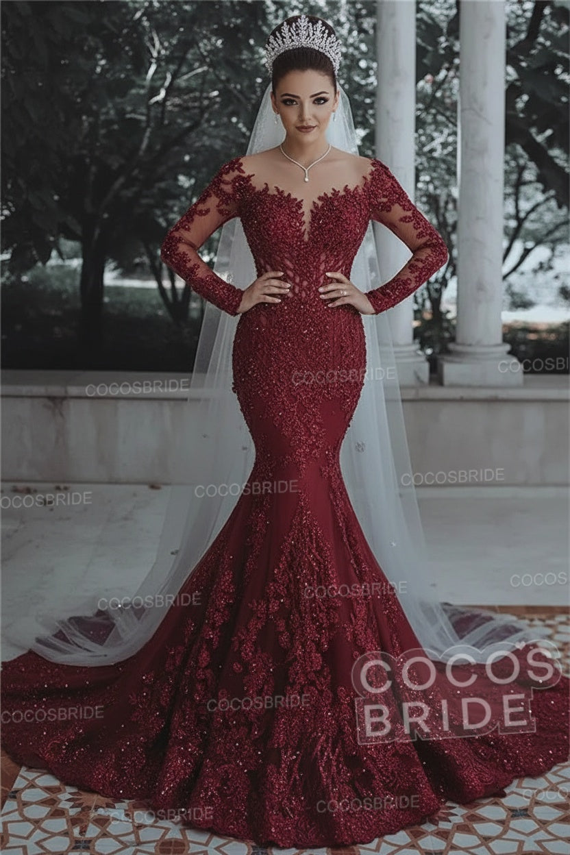 Luxury Long Beaded Lace Mermaid Sheer Tulle Wedding Dresses with Sleeves