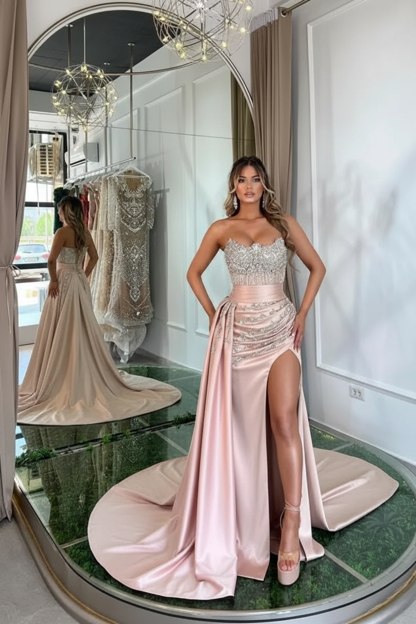 Luxury Mermaid Sweetheart Satin Long Beading Prom Dress with Split