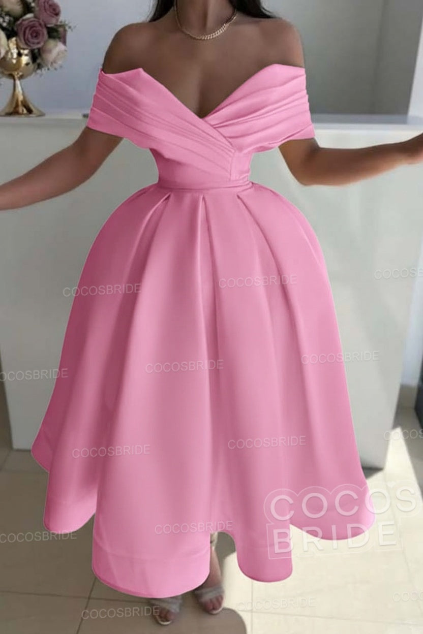 Off the Shoulder A-Line Satin Prom Dress with Pleated