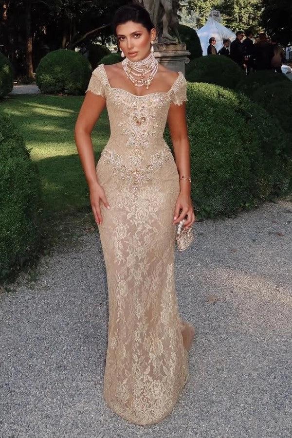 Cap Sleeves Long Lace Sheath Evening Dress with Rhinestones