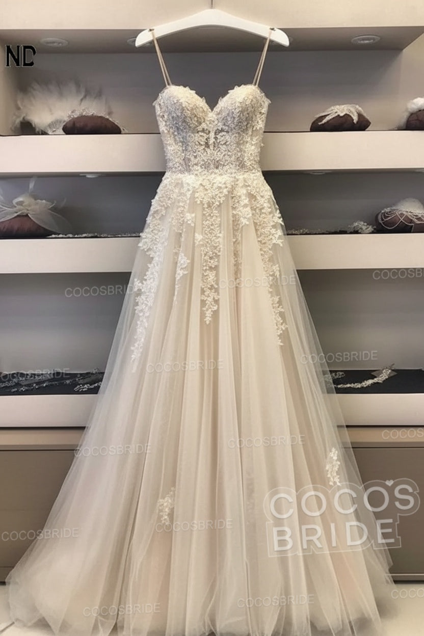 Long A-line Sweetheart Tulle Lace Wedding Dresses