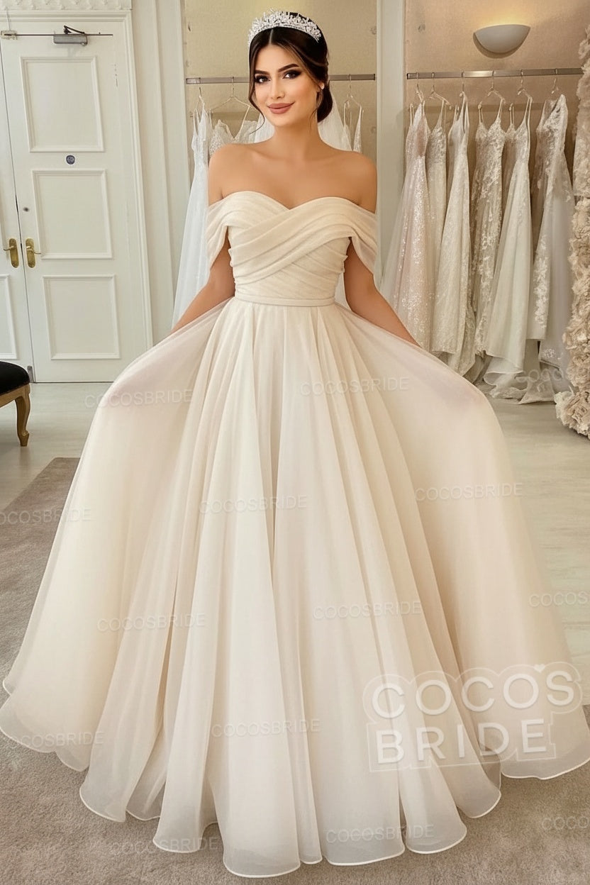 Long A-line off the Shoulder White Wedding Dress