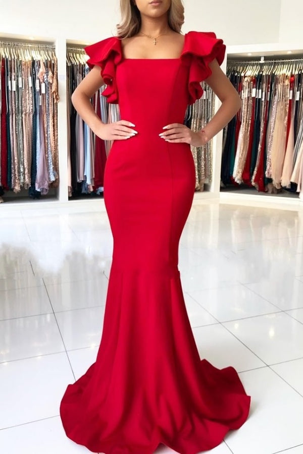 Charming Red Long Square Neckline Ruffles Mermaid Prom Dresses