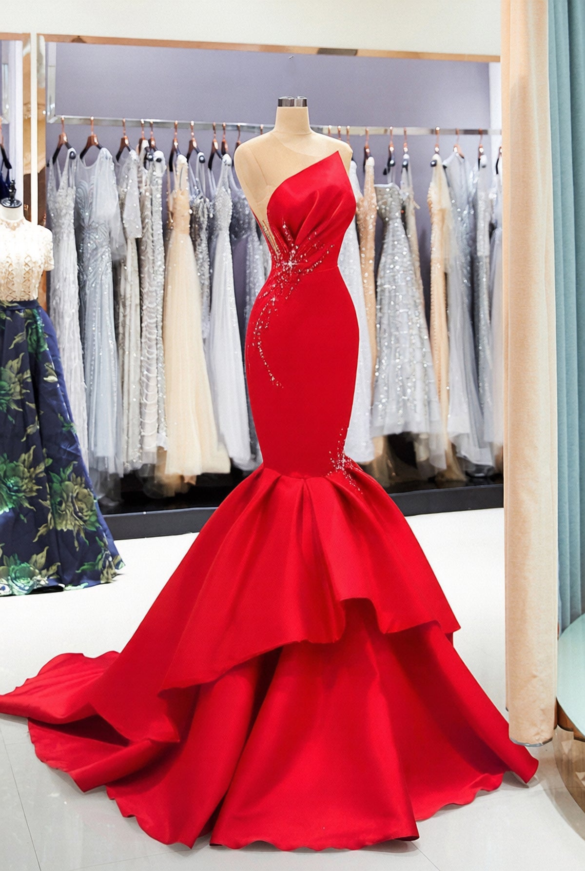 Chic Long Mermaid Floor Length Satin Ruffles Prom Dress
