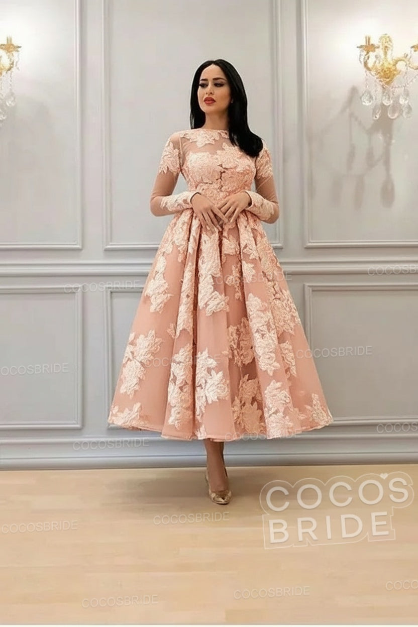 Elegant A-line High Neck Lace Formal Evening Dress with Sleeves