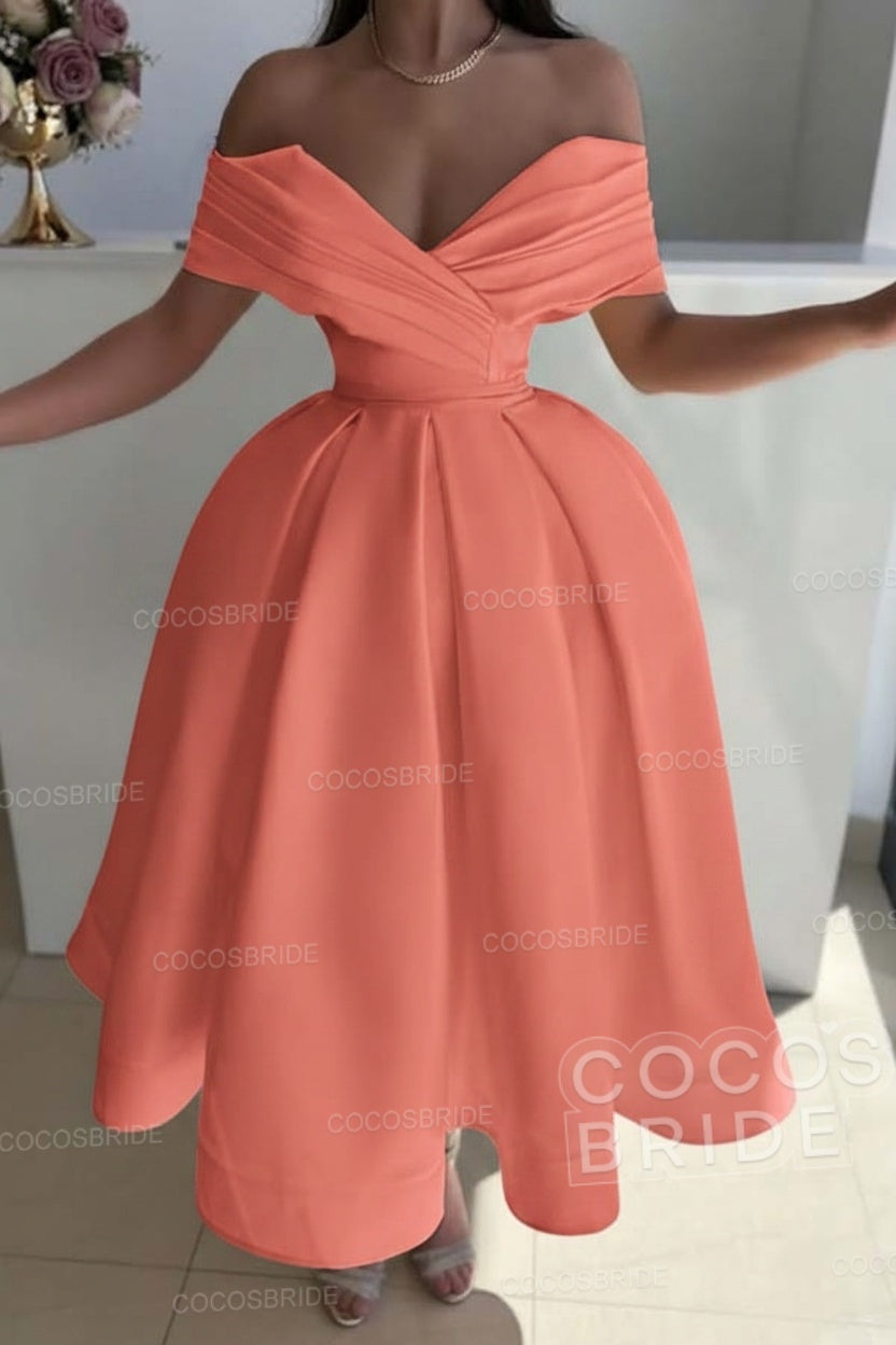 Off the Shoulder A-Line Satin Prom Dress with Pleated