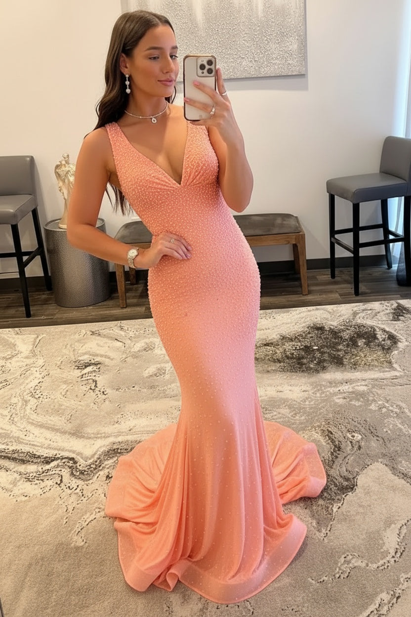Orange Long Mermaid V neck Sequin Backless Prom Dress