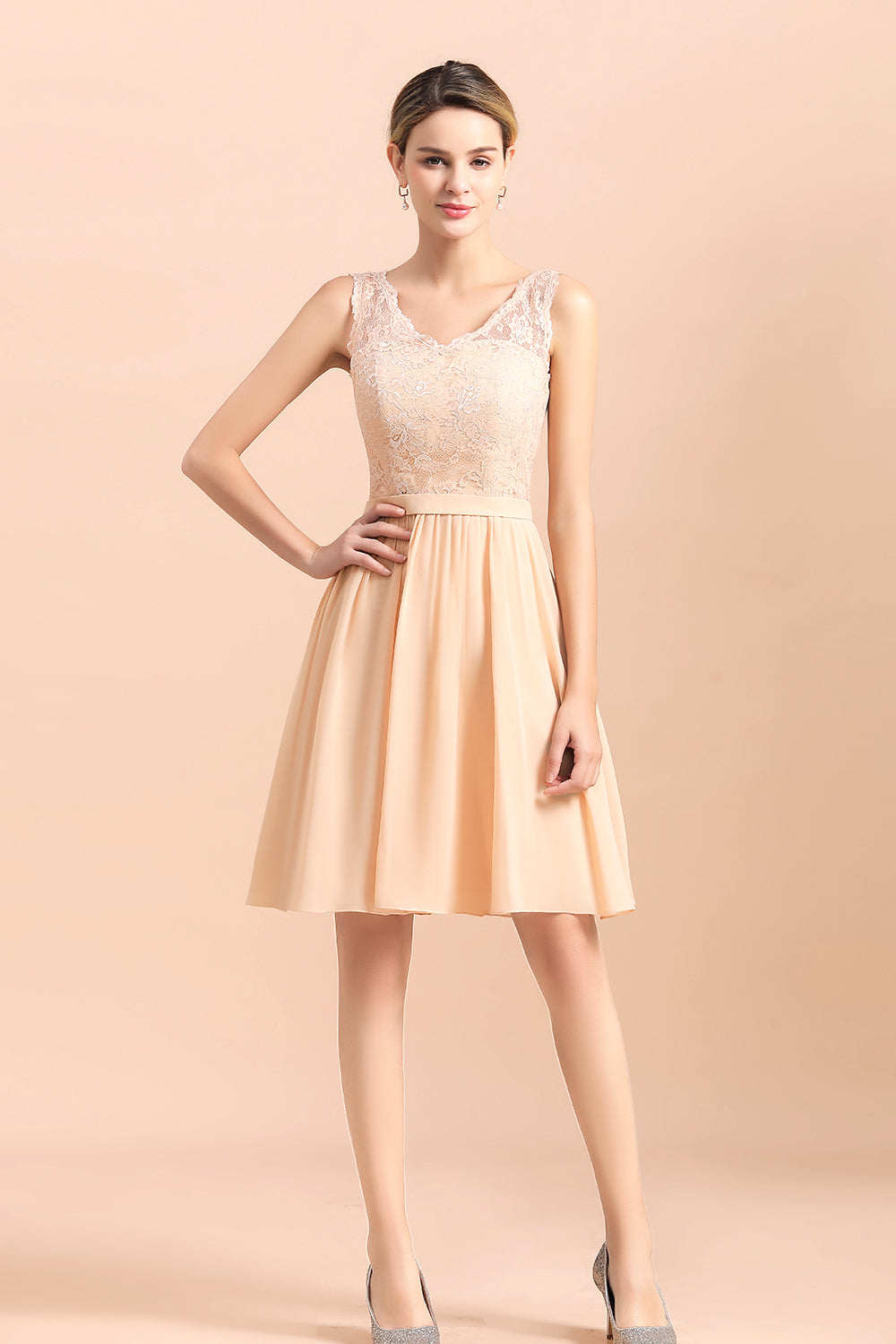 Lace A-Line Short V-neck Backless Wedding Guest Dresses with Short Sleeveless