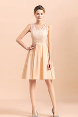Cute Sleeveless Lace A-Line Knee Length V-neck Backless Bridesmaid Dress