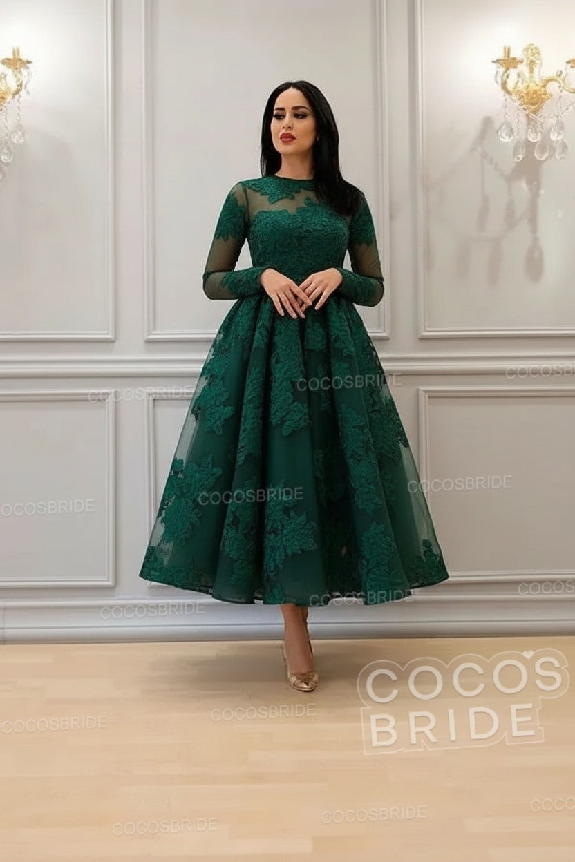 Elegant A-line High Neck Lace Formal Evening Dress with Sleeves