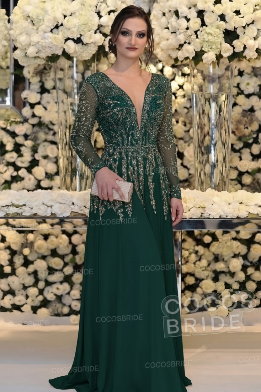 Long Sleeve Floor Length A-line Mother Of Bride Dress With Beading