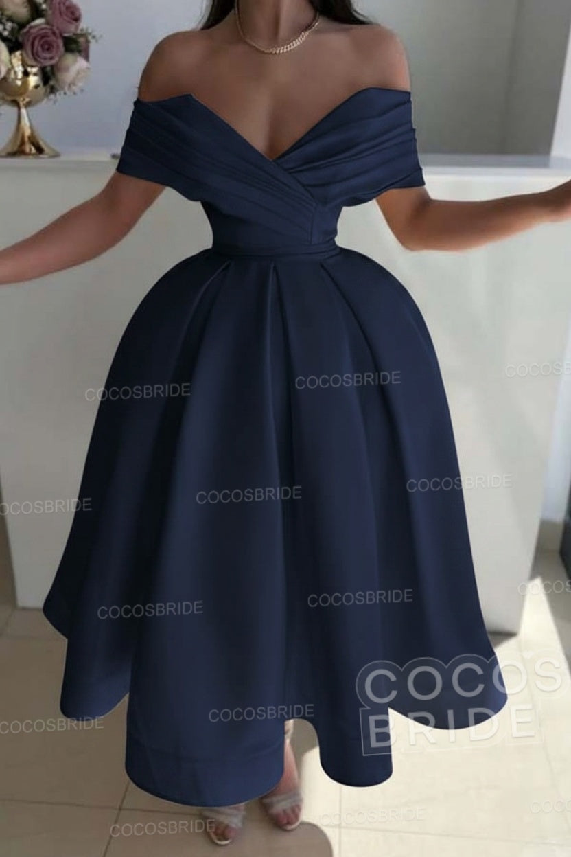 Off the Shoulder A-Line Satin Prom Dress with Pleated