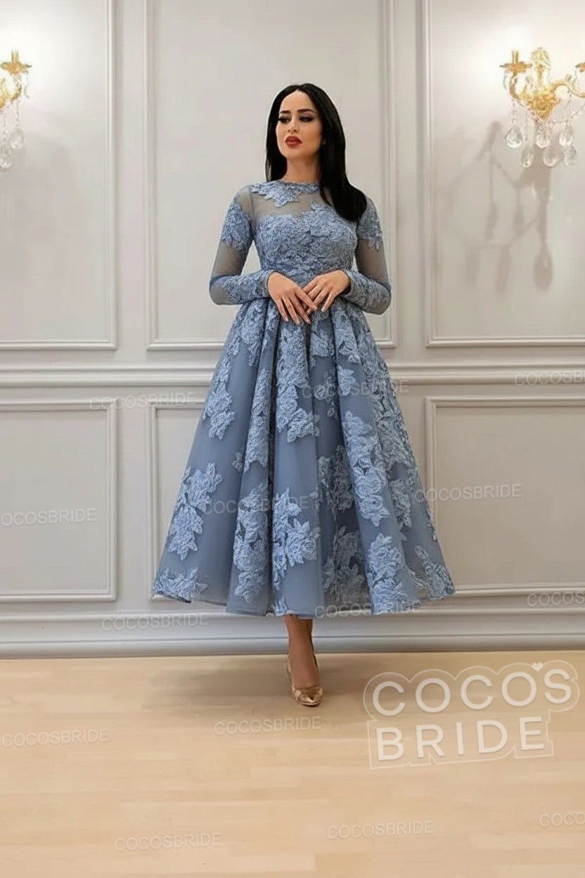 Elegant A-line High Neck Lace Formal Evening Dress with Sleeves