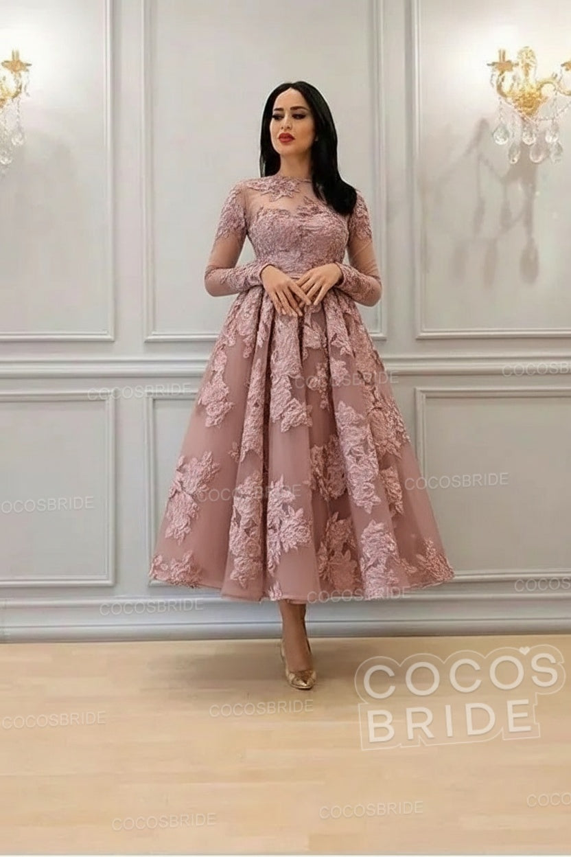 Elegant A-line High Neck Lace Formal Evening Dress with Sleeves