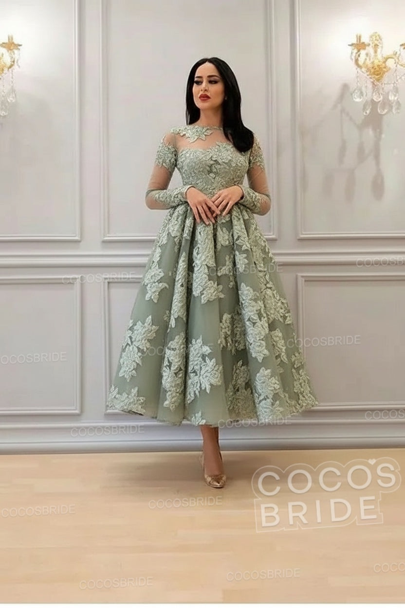 Elegant A-line High Neck Lace Formal Evening Dress with Sleeves