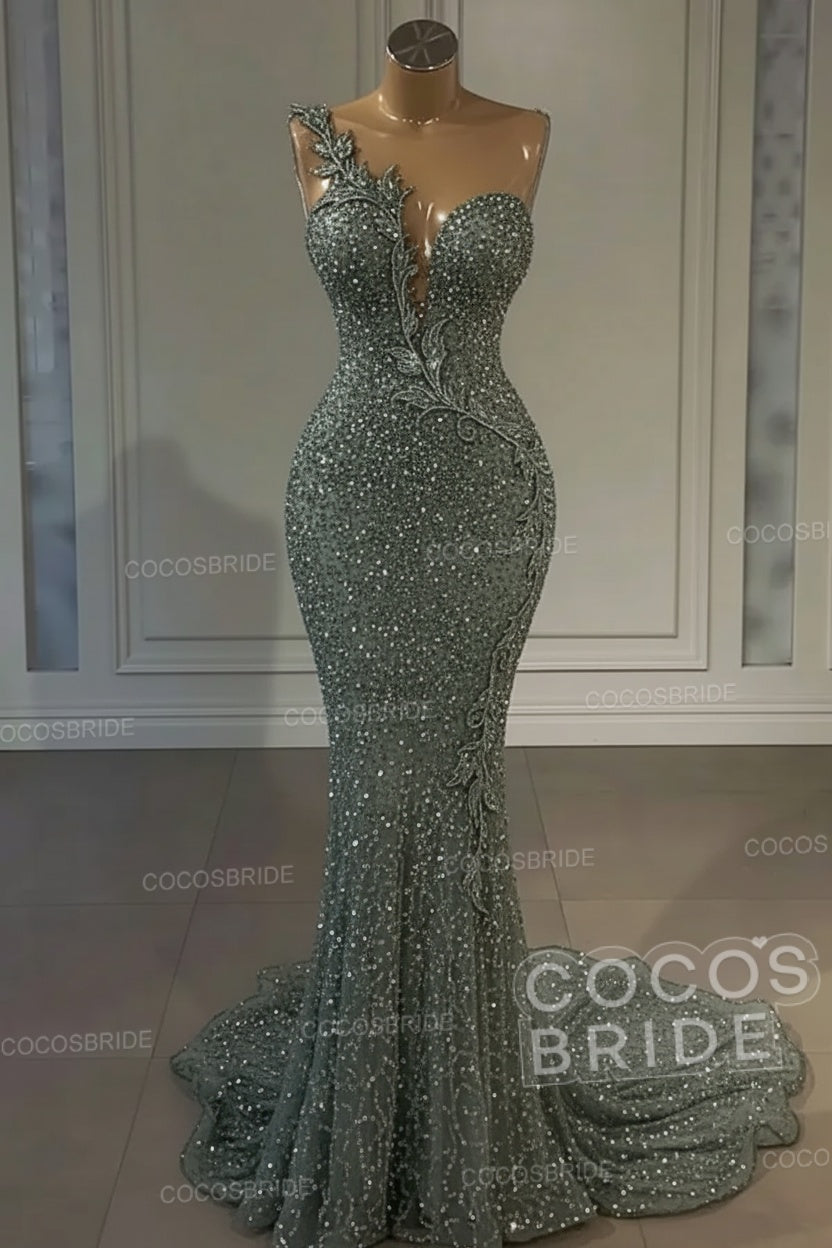 Long Mermaid Sweetheart Tulle Sequin Formal Prom Dress