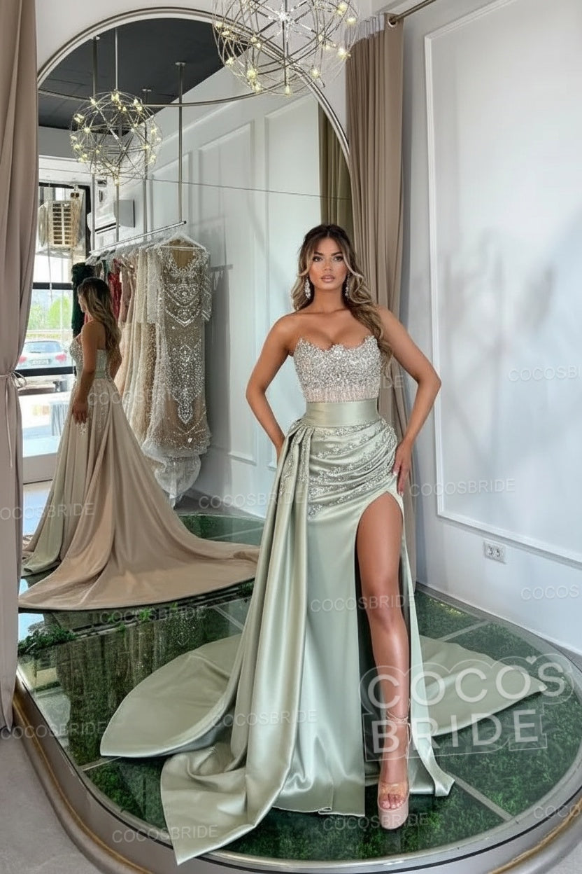 Luxury Mermaid Sweetheart Satin Long Beading Prom Dress with Split