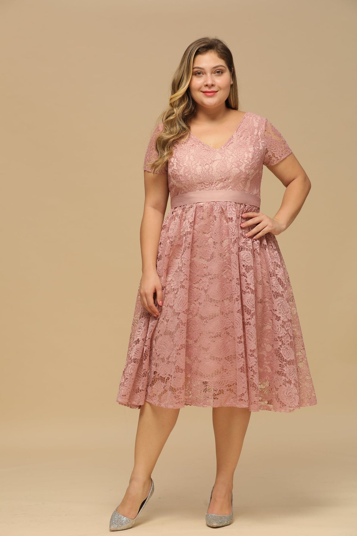 V Neck A Line Tea Length Floral Lace Wedding Guest Dress with Sleeves