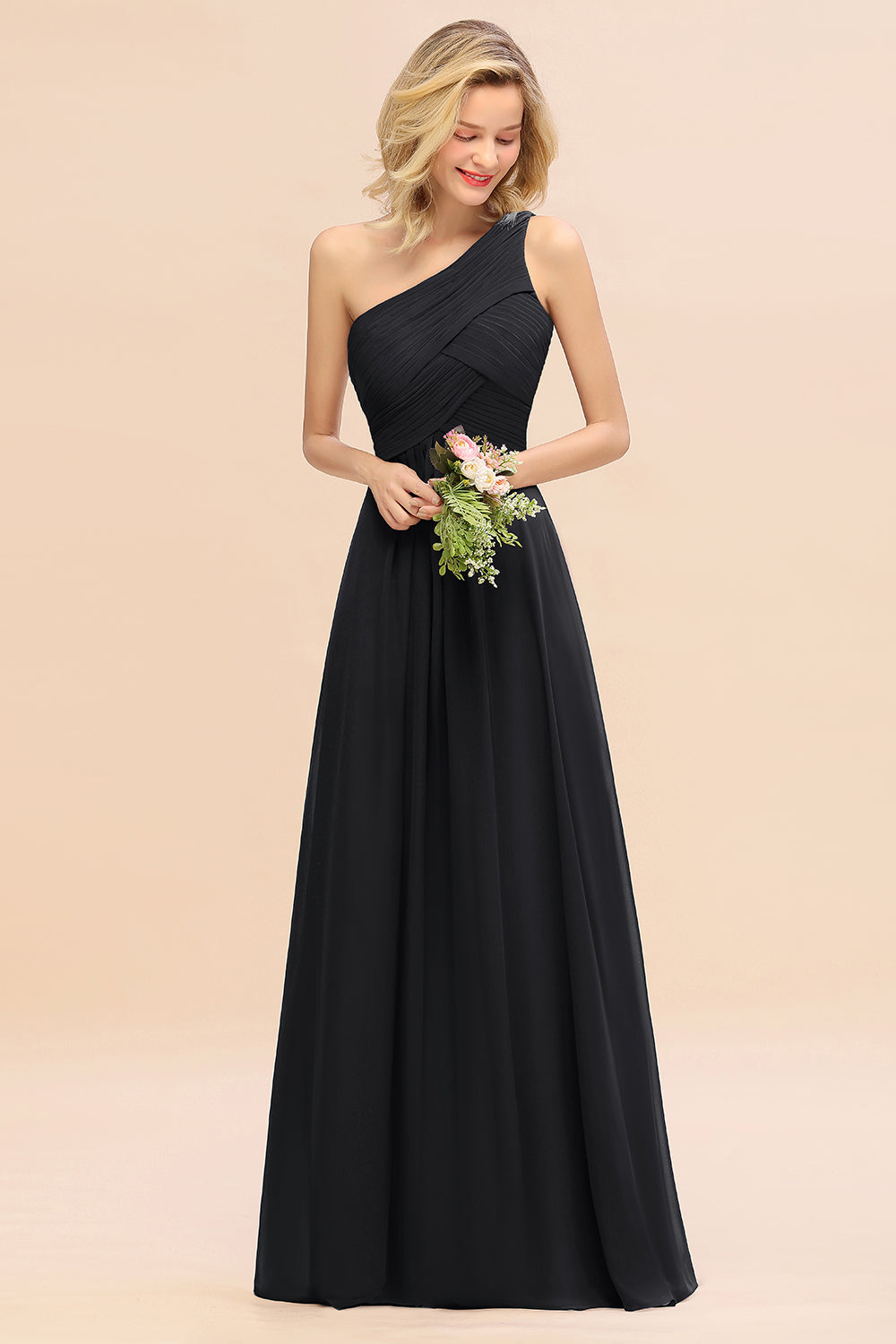 Elegant A-line Chiffon Ruffles One Shoulder Long Bridesmaid Dress
