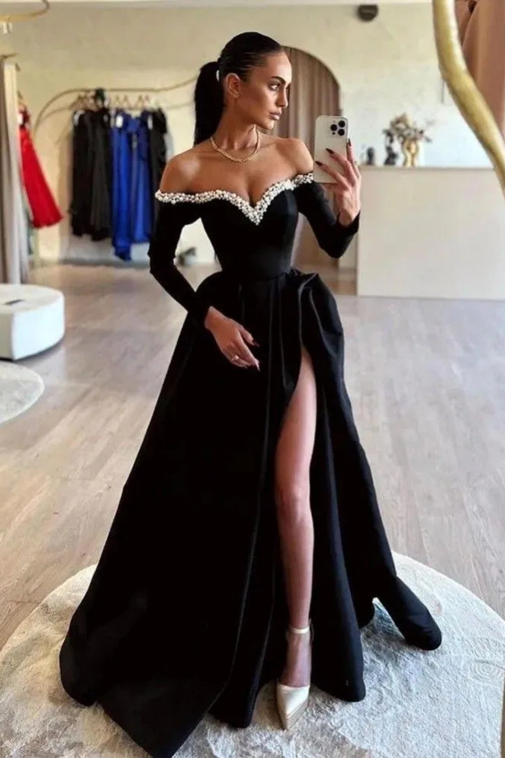 Black Off-the-Shoulder A-line Long Evening Dress with Beads
