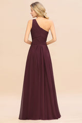 Elegant A-line Chiffon Ruffles One Shoulder Long Bridesmaid Dress