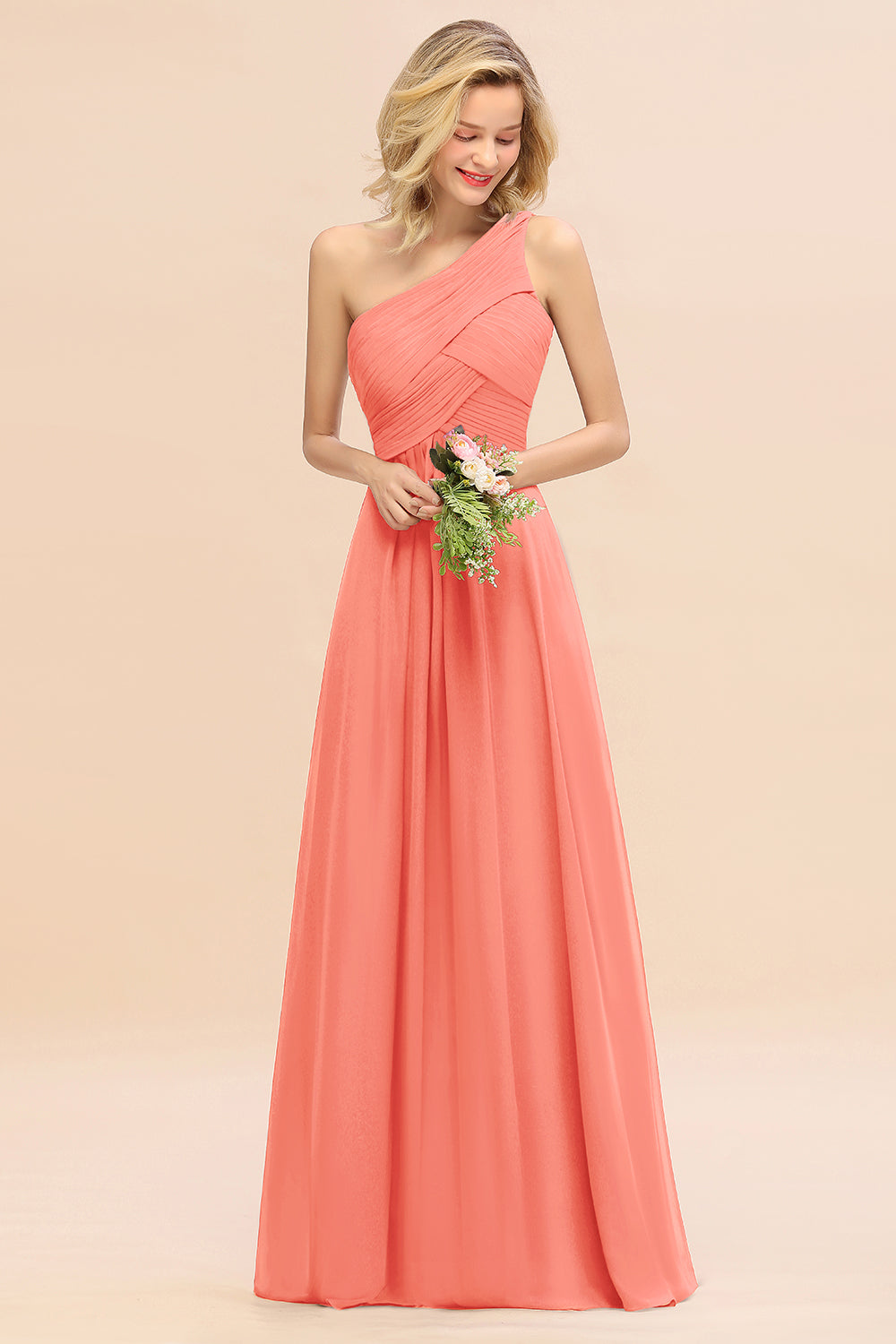 Elegant A-line Chiffon Ruffles One Shoulder Long Bridesmaid Dress