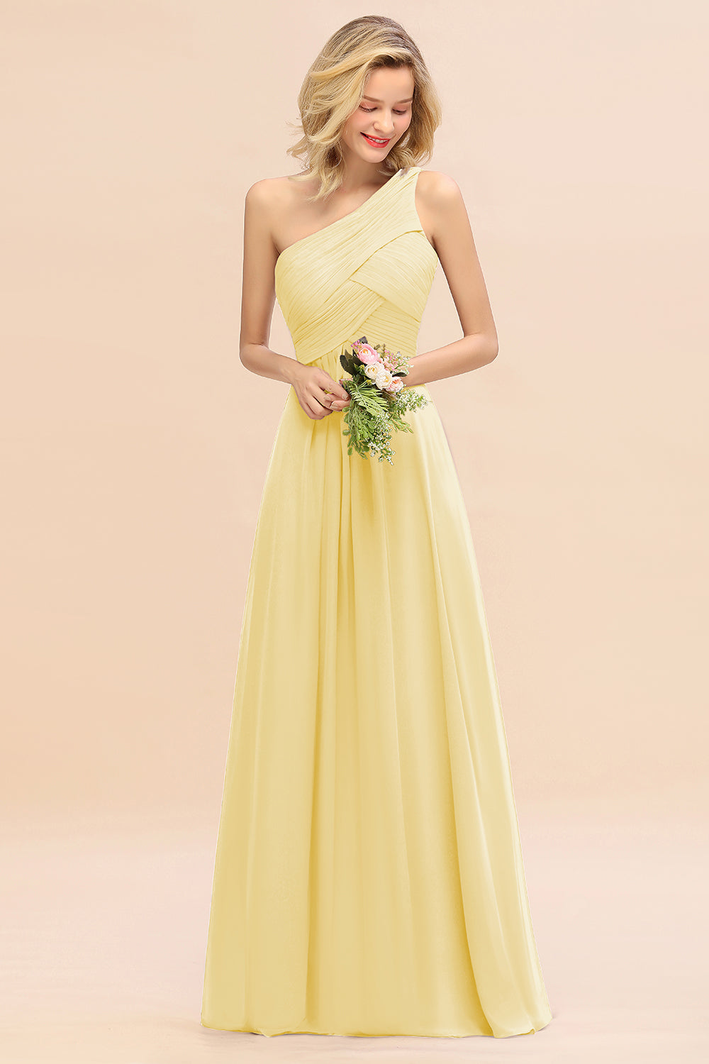Elegant A-line Chiffon Ruffles One Shoulder Long Bridesmaid Dress