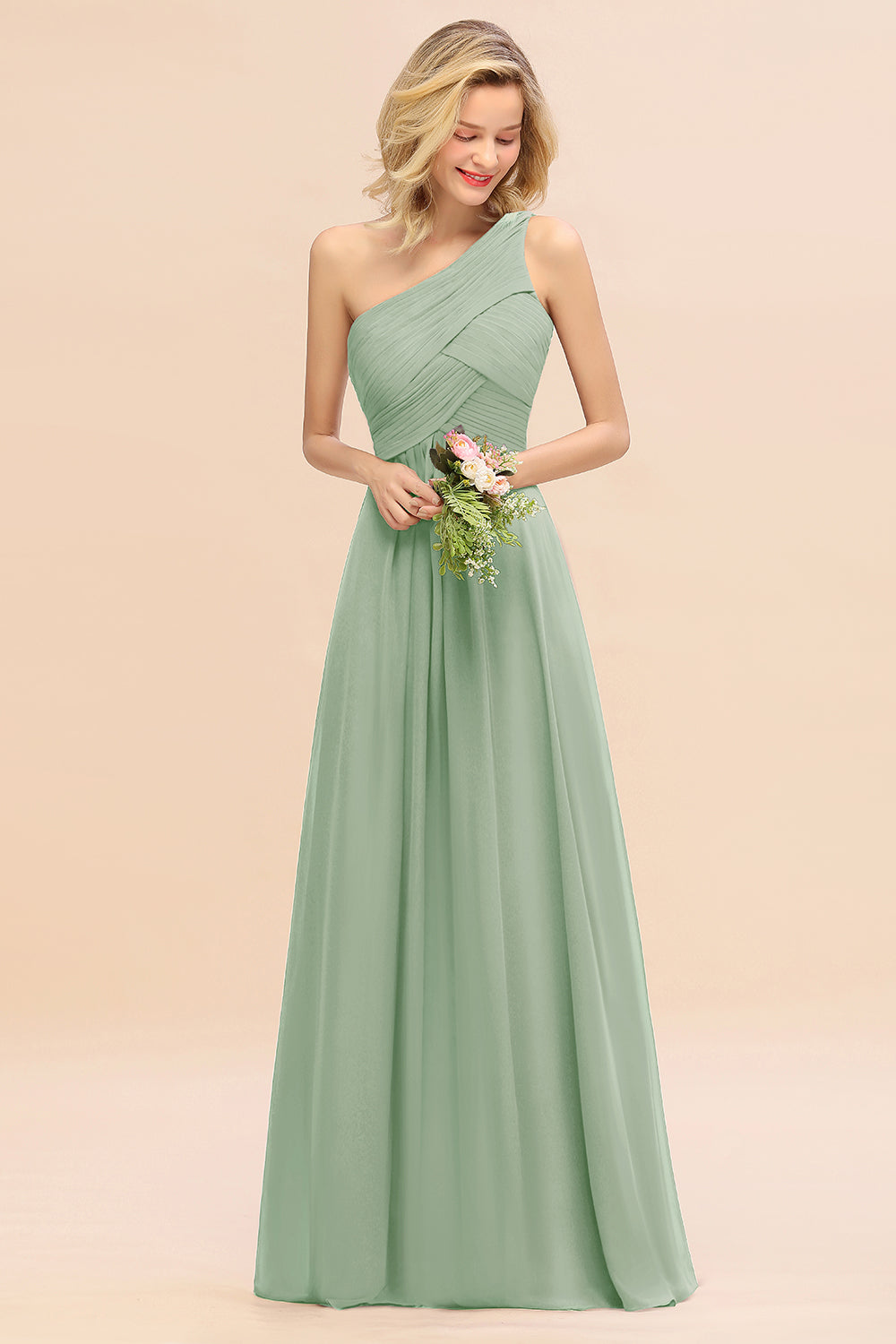 Elegant A-line Chiffon Ruffles One Shoulder Long Bridesmaid Dress