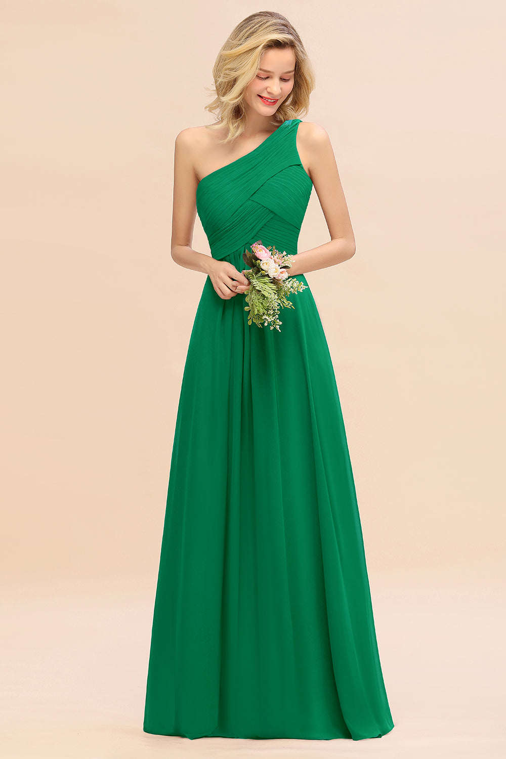 Elegant A-line Chiffon Ruffles One Shoulder Long Bridesmaid Dress