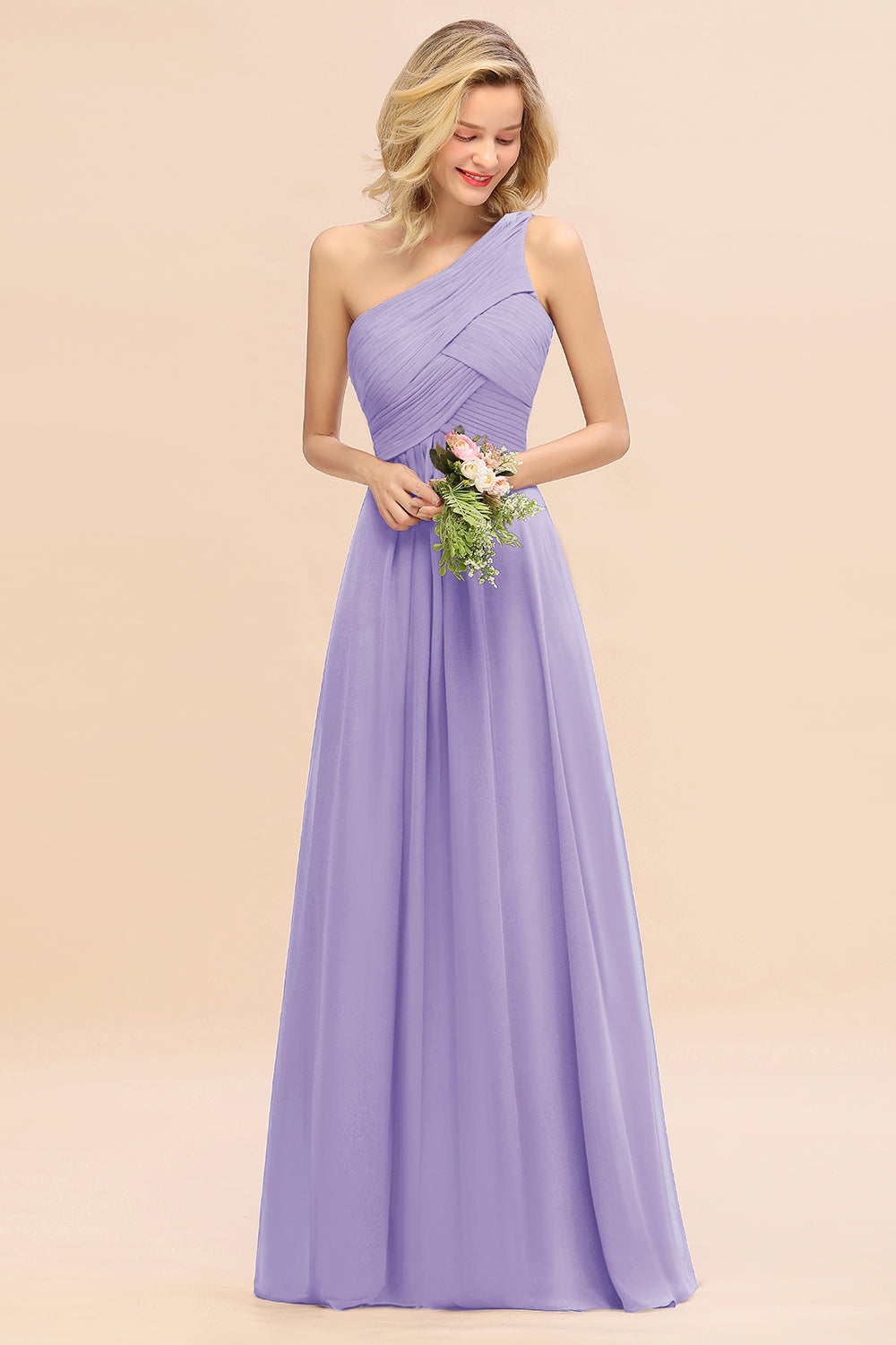Elegant A-line Chiffon Ruffles One Shoulder Long Bridesmaid Dress