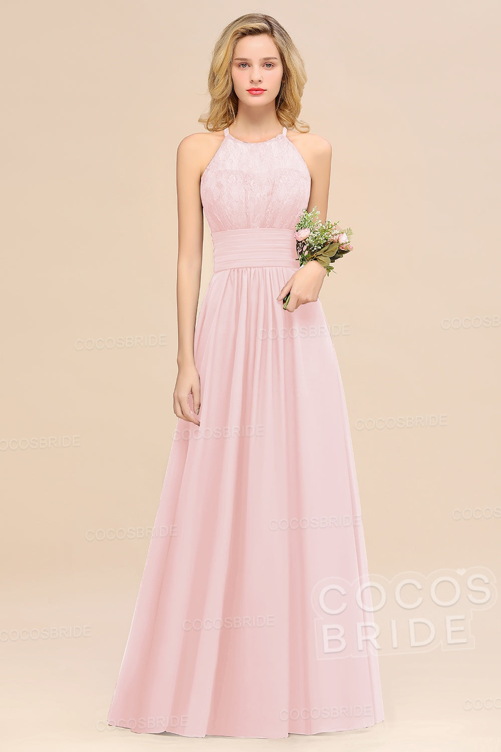 Elegant Long A-line Chiffon Halter Ruffles Sleeveless Lace Bridesmaid Dress
