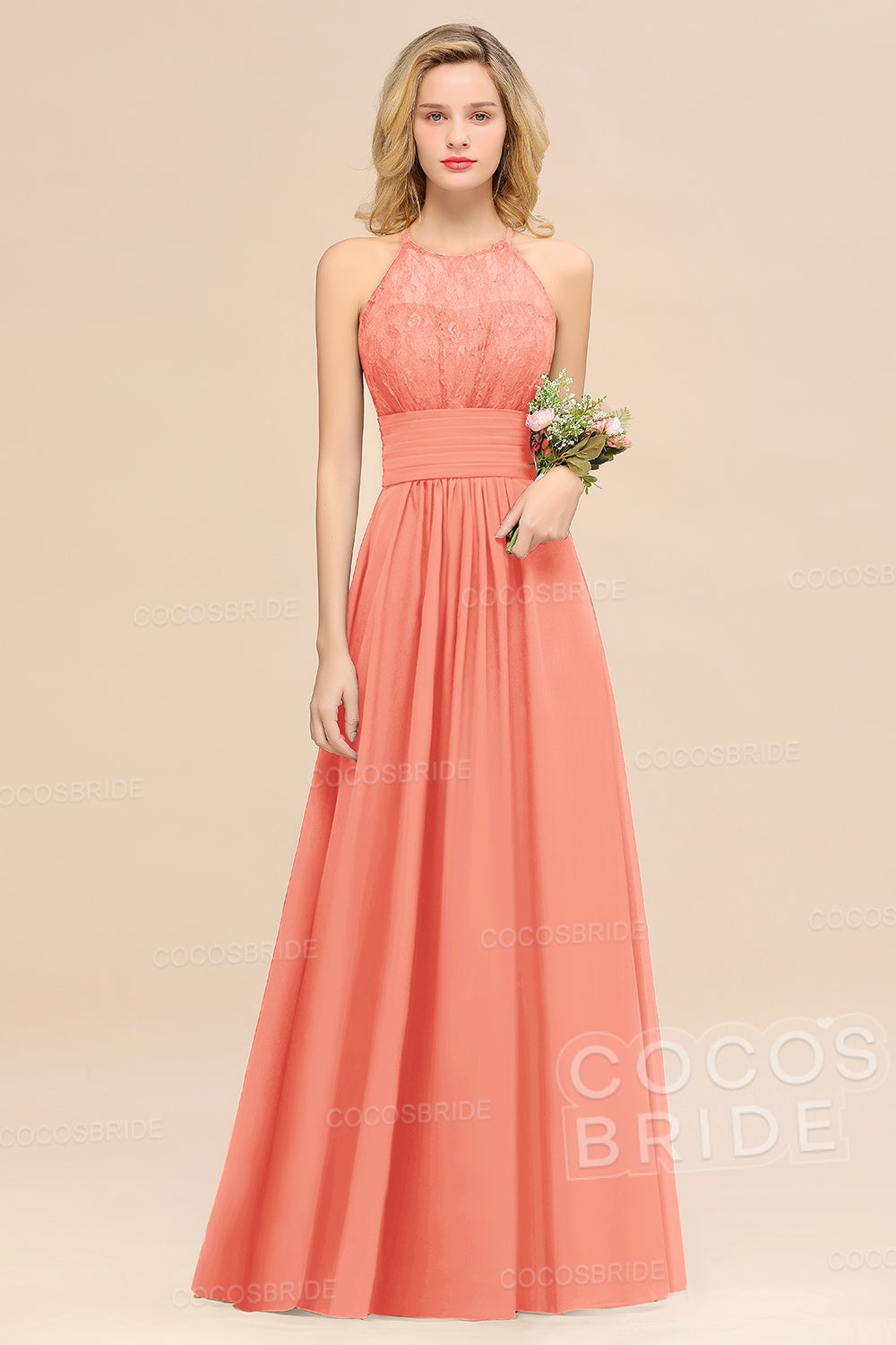Elegant Long A-line Chiffon Halter Ruffles Sleeveless Lace Bridesmaid Dress