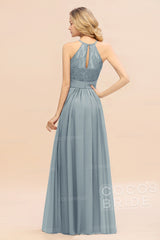 Elegant Long A-line Chiffon Halter Ruffles Sleeveless Lace Bridesmaid Dress