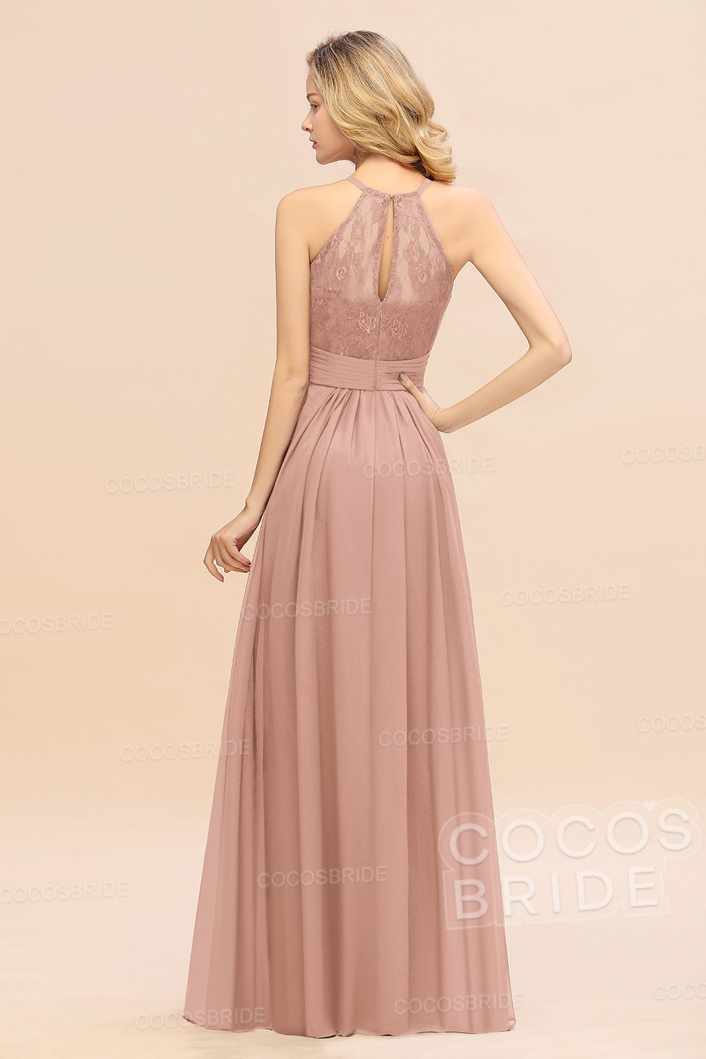 Elegant Long A-line Chiffon Halter Ruffles Sleeveless Lace Bridesmaid Dress