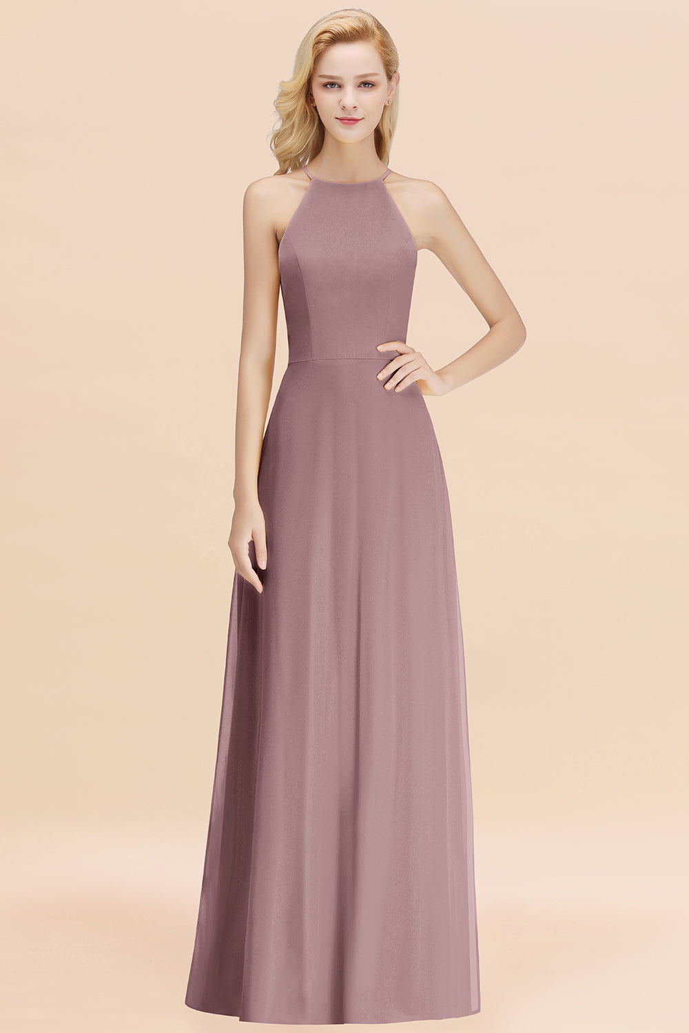 Elegant Long A-line Halter Chiffon Dusk Bridesmaid Dress