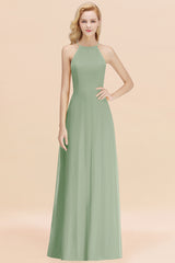 Elegant Long A-line Halter Chiffon Dusty Sage Bridesmaid Dress