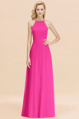 Elegant Long A-line Halter Chiffon Fuchsia Bridesmaid Dress