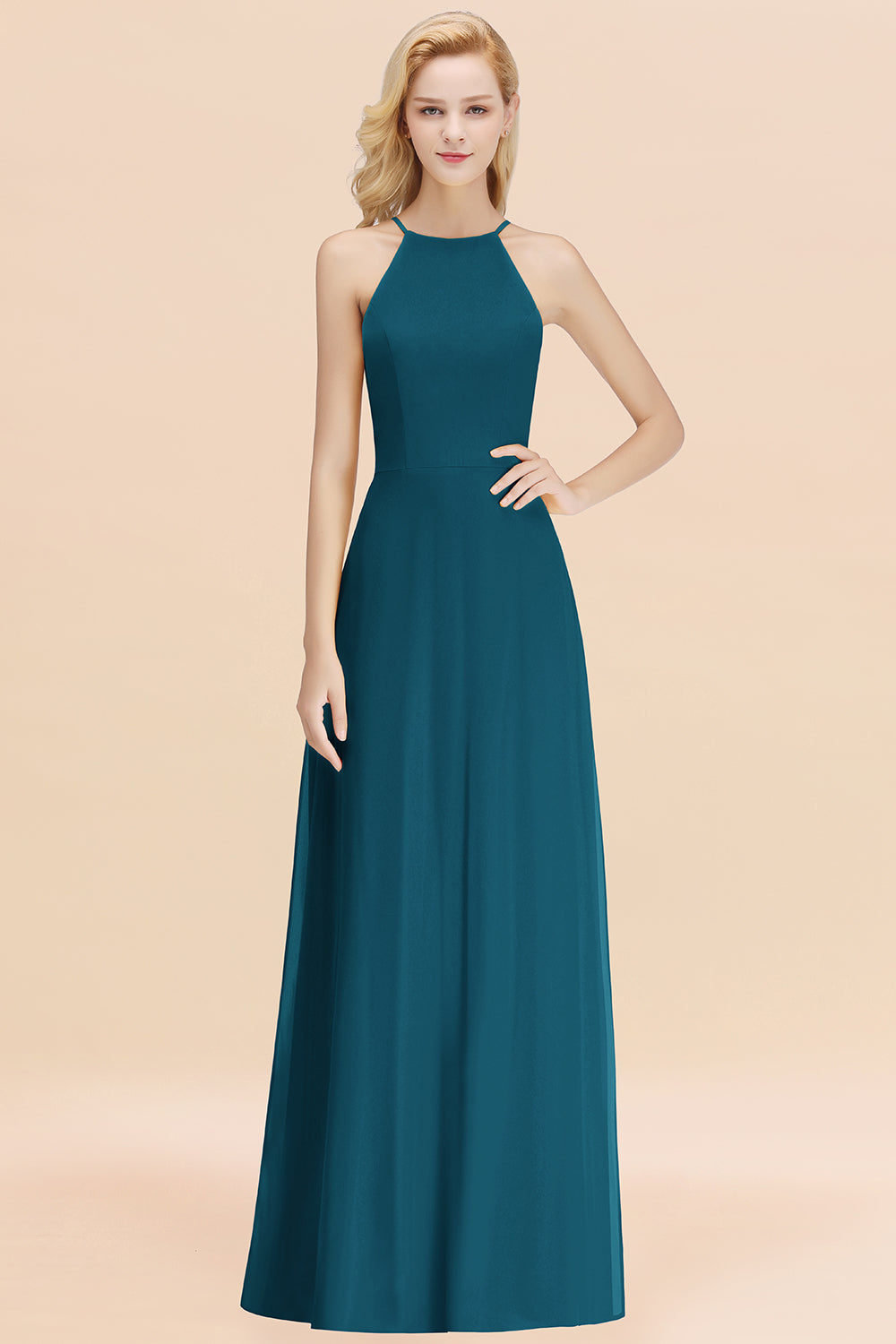 Elegant Long A-line Halter Chiffon Ink Blue Bridesmaid Dress