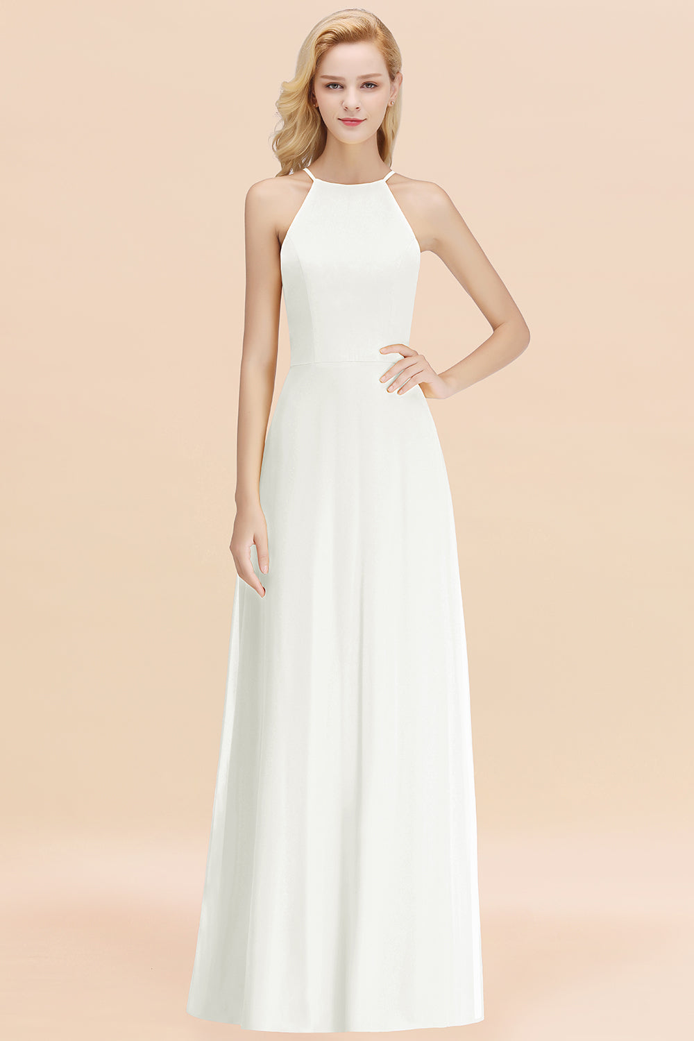 Elegant Long A-line Halter Chiffon Ivory Bridesmaid Dress