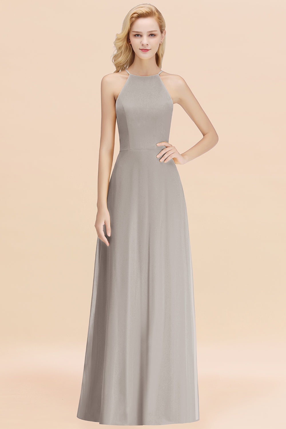 Elegant Long A-line Halter Chiffon Silver Bridesmaid Dress