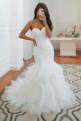 Elegant Long Sweetheart Mermaid Tulle Wedding Dress