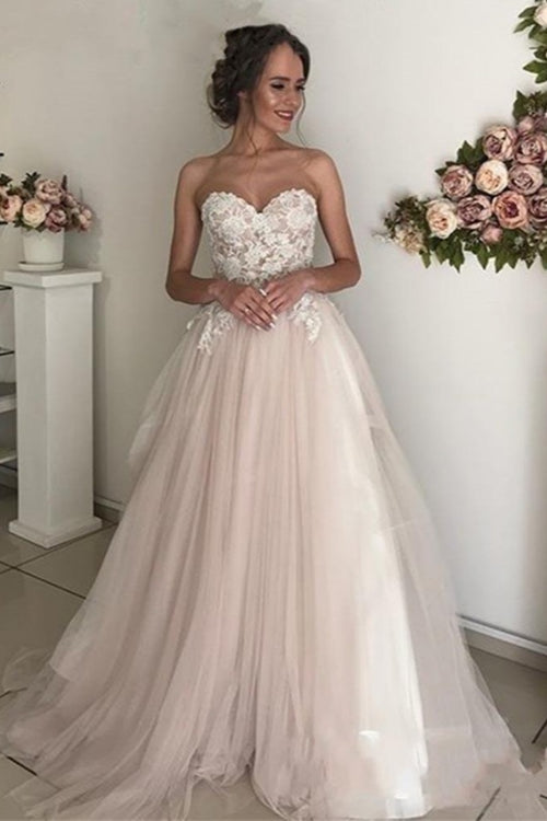 Elegant Long Sweetheart Sleeveless A-Line Tulle Wedding Dresses