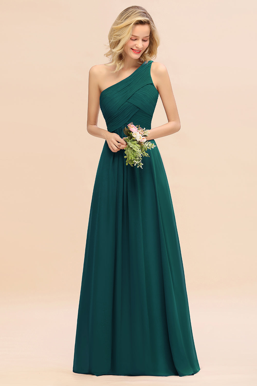 Elegant A-line Chiffon Ruffles One Shoulder Long Bridesmaid Dress