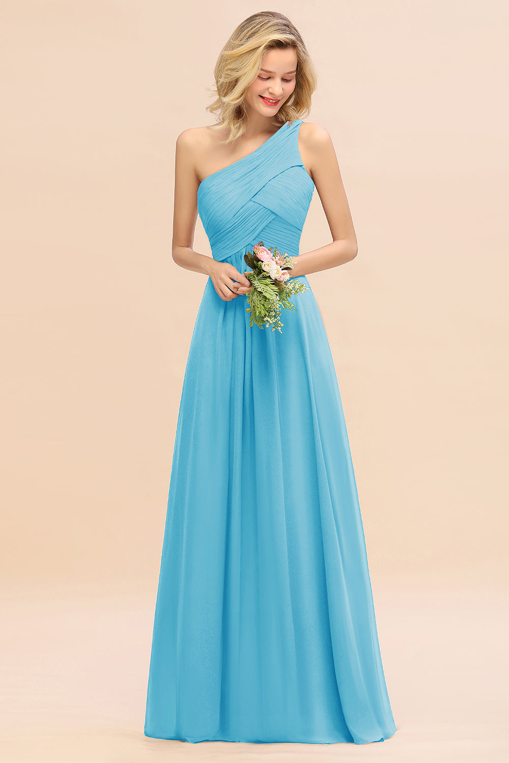 Elegant A-line Chiffon Ruffles One Shoulder Long Bridesmaid Dress