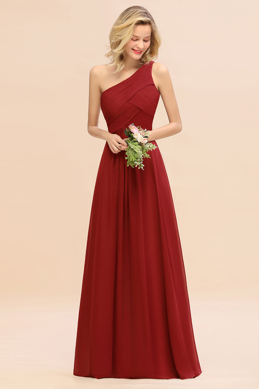 Elegant A-line Chiffon Ruffles One Shoulder Long Bridesmaid Dress