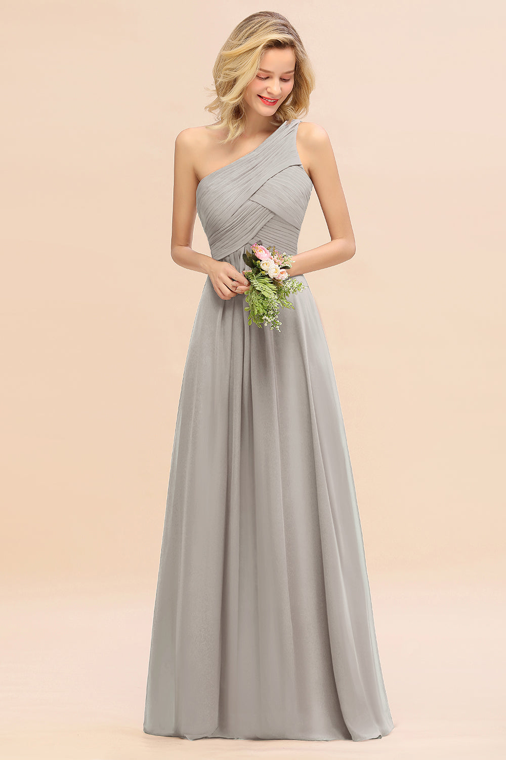 Elegant A-line Chiffon Ruffles One Shoulder Long Bridesmaid Dress