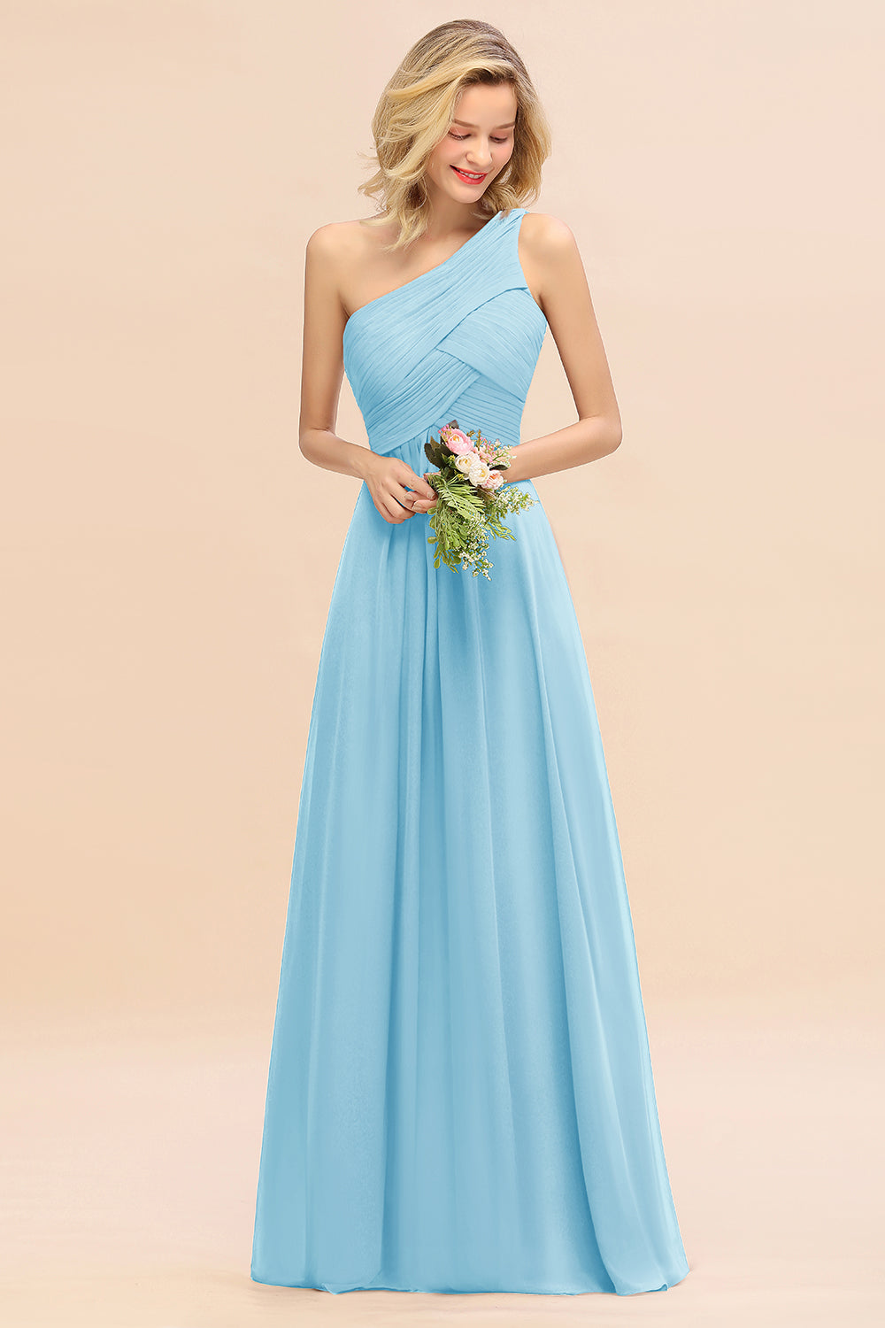 Elegant A-line Chiffon Ruffles One Shoulder Long Bridesmaid Dress