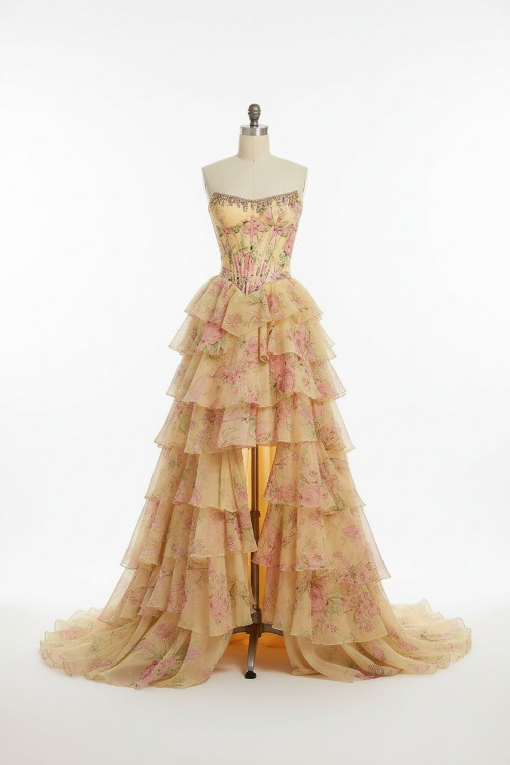 Lively Floral Strapless A-line Long Prom Dress with Split